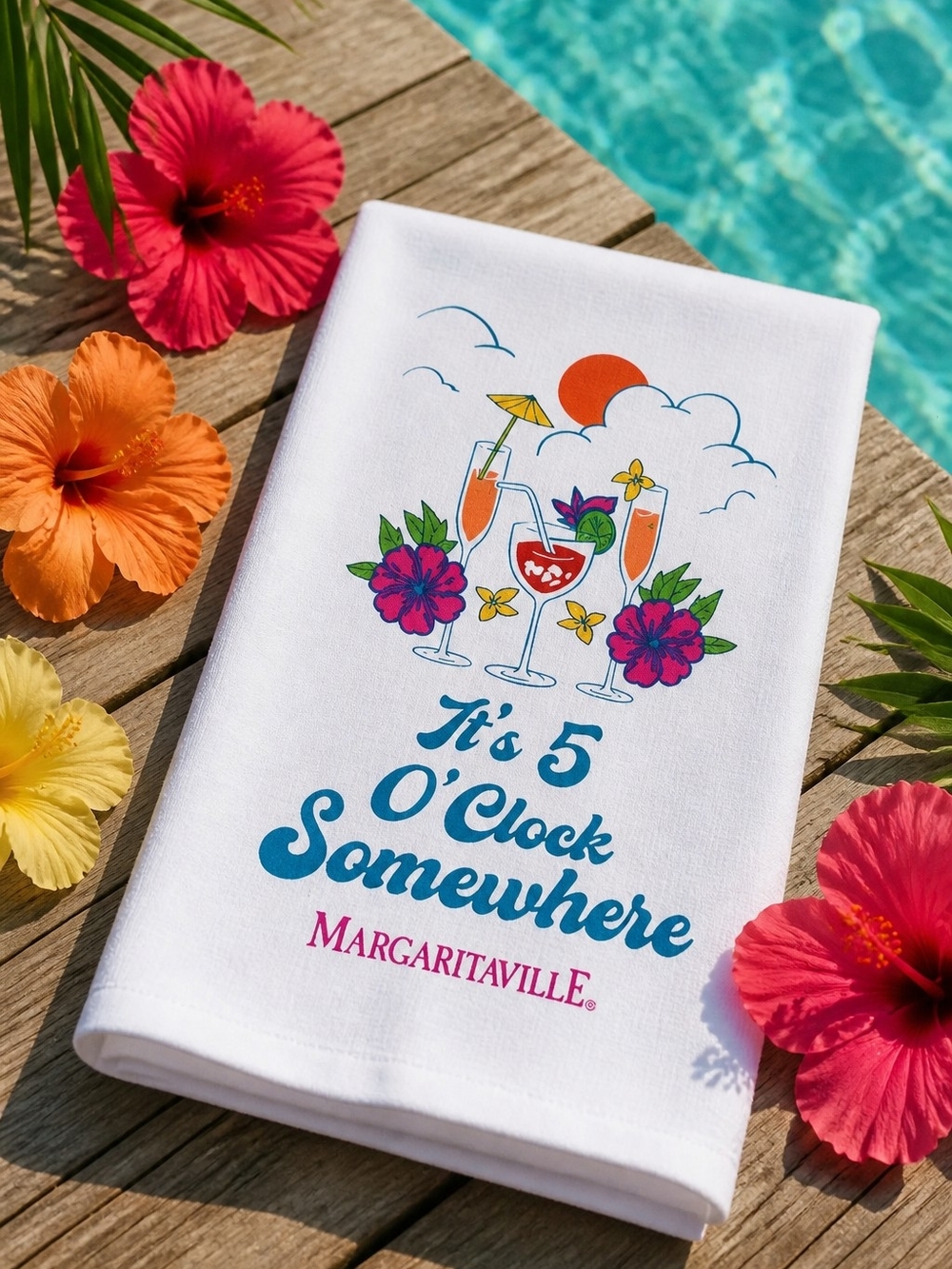 Margaritaville White Beach Cocktail Towel with Tropical Print